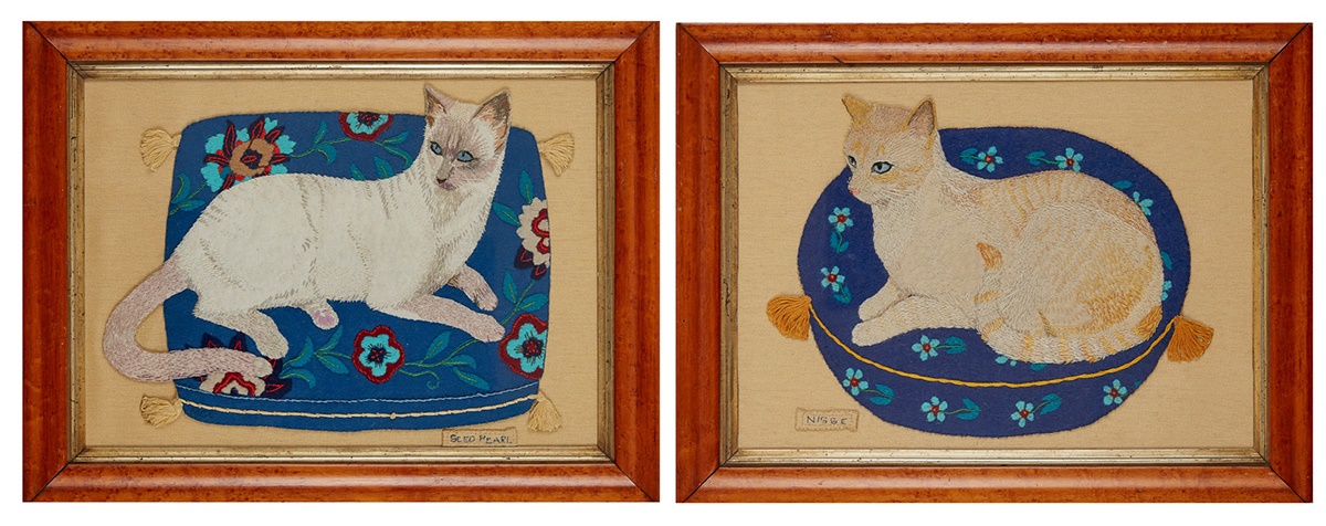TWO VICTORIAN NEEDLEWORK AND FELT PICTURES OF CATS ON CUSHIONS